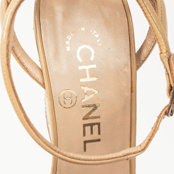 Chanel Beige Patent Leather Quilted-Wedge Sandals - Picture 10 of 10